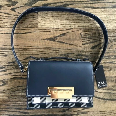 ZAC Zac Posen Earthette 手风琴单肩包黑色白色格子全新带标签 329 美元 — 第 1/4 张图片