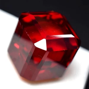 Precious Excellent Huge Cube Cut Lab-Created Red Ruby 52 Ct Gemstone CERTIFIED - Picture 1 of 5