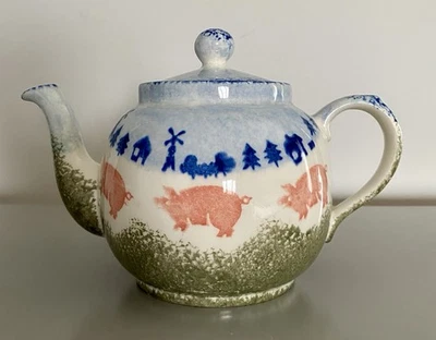 Vintage Price Kensington Potteries Hand Painted Teapot Pig Farm Trees Blue Green - Image 1 of 4