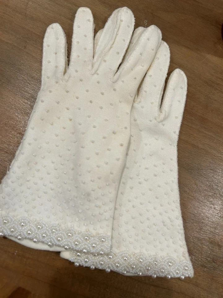 Guantes para mujer Hansen blancos vintage tejidos 100 % algodón hechos en Hong Kong talla 7 Foto 1 de 4