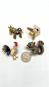Lot of 4 Animal Brooches – Donkey, Bee, Rooster & Squirrel Pins – Rhinestones - Picture 1 of 4