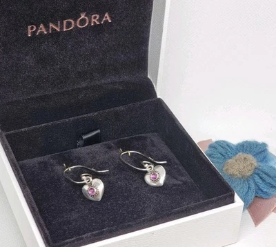 BOXED GENUINE Pandora Pink Rhodolite Treasured Heart Compose Earrings 💕 925 ALE - Image 1 of 4
