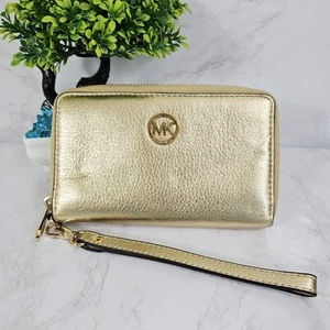 Michael Kors Glod Leather Fulton Flat Multi Function Phone Case Wallet Authentic - Picture 1 of 21