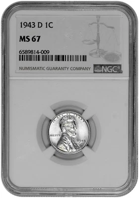 1943 D 1c Lincoln Steel Wheat Cent NGC Graded MS 67 New Holder - Image 1 of 2