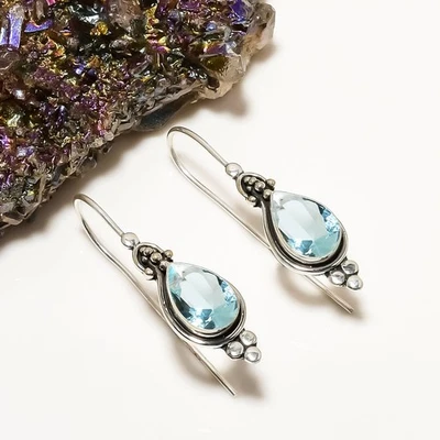 Elegante pendiente de plata de ley 925 maciza con piedras preciosas de aguamarina joyería genial V1949 Foto 1 de 4