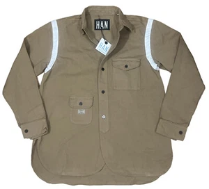 HAN Kjobenhavn Mens size LARGE tan cotton denim button front work shirt - Picture 1 of 6