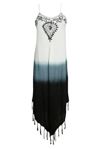 Boho Gypsy Tie Dye Strappy Dress Tassel Black,White Floral Embroidered Dresses L