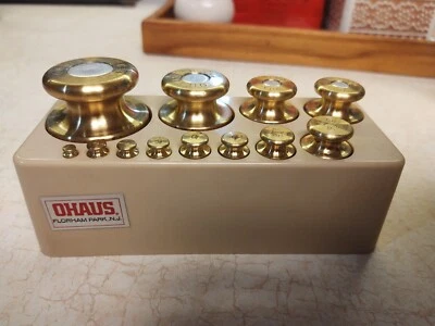 Vintage 12 Piece Ohaus  Pharmaceutical Brass Calibration Weight And Plastic Case - Image 1 of 4