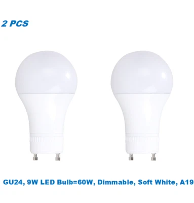 2 Bulbs,9W (60W Equivalent),Dimmable,A19 LED,Soft White 3000K,GU24 Base Bulb - Image 1 of 2