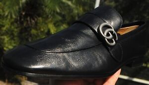 GUCCI man's double  GG Logo detailed black leather Loafers shoes Size-- 11.5  D