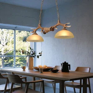 2 Lights Deer Horn Chandelier Antler Hanging Lamp Pendant Light Ceiling Fixture - Picture 1 of 12