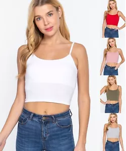 Women's Round Neck Removable Bra Cup Cotton Crop Top Cami Tank Adjustable Straps - Picture 1 of 40