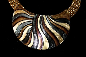 Vintage Designer Enamel Black Gold Necklace Earring Set Bib Collar Tiger Stripe - Picture 1 of 6