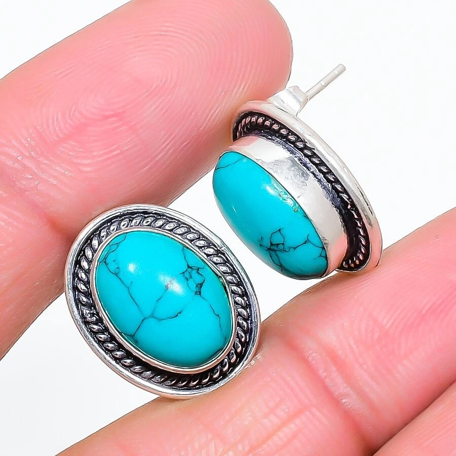 Feroza Turquoise Gemstone 925 Sterling Silver Jewelry Stud Earring Size 0.75" - Image 1 of 1