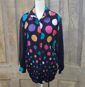 Vintage 80s Black Colorful Rainbow Polka Dots Blouse Sheer Arms Size L - Picture 1 of 9