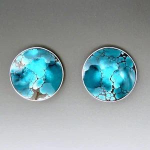 Striking Pair Southwest Sterling Silver Turquoise Round Clip On Earrings - Picture 1 of 5