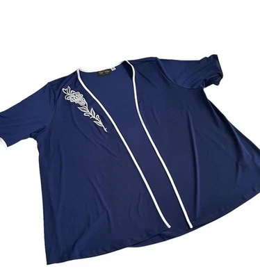 Кардиган Bob Mackie с открытой передней частью вышитый темно-синий и белый с короткими рукавами размер XL - Изображение 1 из 4