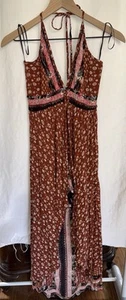 Angie Orange Red Brown Paisley Halter Romper Maxi Dress boho Festival Size S - Picture 1 of 16