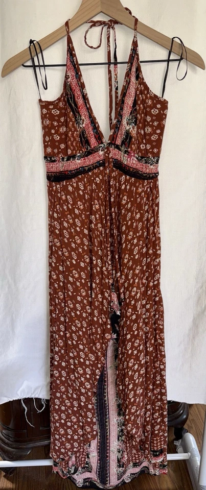 Maxi Vestido Angie Naranja Rojo Marrón Paisley Halter Mameluco Boho Festival Talla S Foto 1 de 4