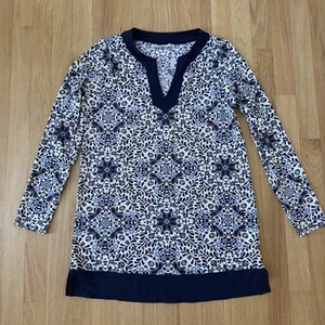 Lands End Tunic Swim Shirt Cover Up Womens XS Blue White Floral Damask - Picture 1 of 8