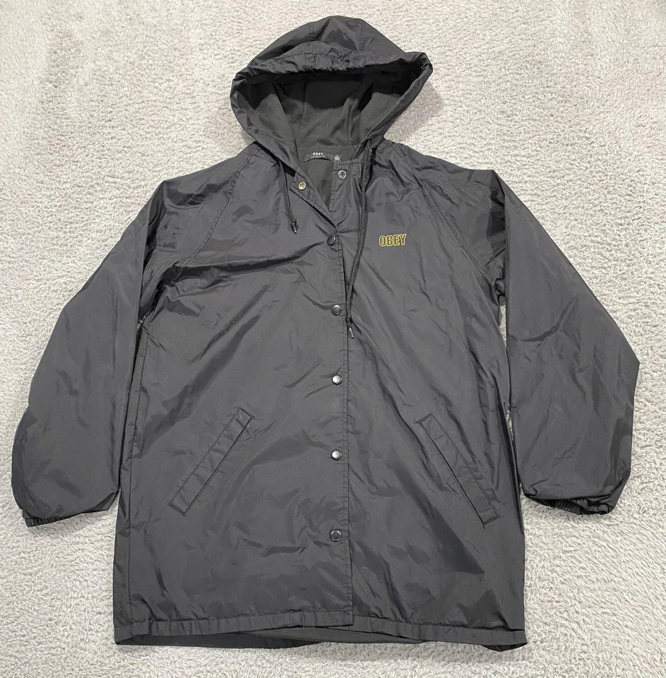 Obey Jacket Mens Large Black Hooded Coaches Snap Front Fleece Lined Nylon Logo - Image 1 of 4