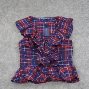 Ralph Lauren Top Womens 12 Ruffle Neck Shirt Blue Red White Cotton Sleeveless D - Picture 1 of 11