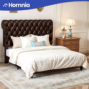 King Size Tufted Bed Frame Tall Faux Leather Upholstered Headboard Wood Platform - Picture 1 of 11