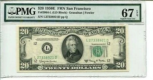 FR 2064-L 1950E $20 Federal Reserve Note PMG 67 EPQ SUPBERB GEM UNCIRCULATED - Image 1 of 1