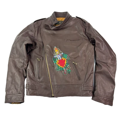 Christian Audigier Women's Leather Moto Cafe Racer Jacket Sword Skull Brown Sz L - Image 1 of 4