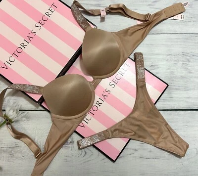 Victorias Secret Sexy Shine Smooth Strap Push Up Bra Thong Set Smooth Praline - image 1 of 4