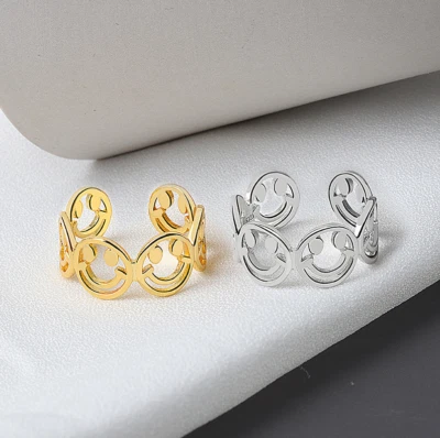 Smiley Face Open Face Resizable Ring Retro Fashion Jewelry Silver/Gold NEW! - Image 1 of 4