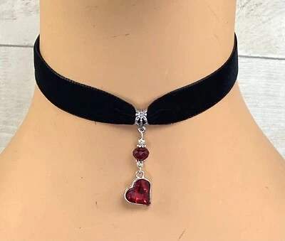 black velvet choker necklace Blood Red Heart pendant goth punk Novelty Party - Image 1 of 3