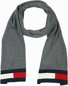 Tommy Hilfiger Mens Scarf Heather Gray One Size Logo Colorblock Knit $55 #124