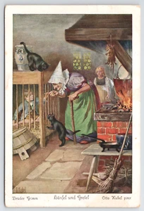 Hansel and Gretel with Witch and Black Cat Cats by Kubel Postcard Brothers Grimm - Picture 1 of 5