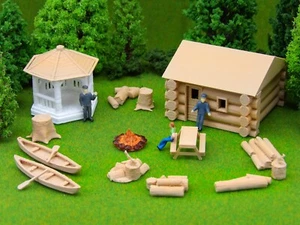 14 Stück Landschaft HO Scale 3D Modelleisenbahn Zug Pavillon, Blockhaus, Lagerfeuer - Bild 1 von 7