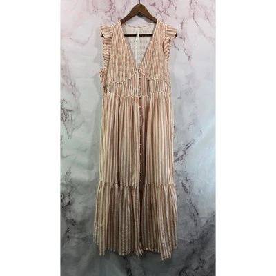 By Anthropologie Dress Womens 1X Pink White Stripe Smocked Midi Flutter - Image 1 of 4