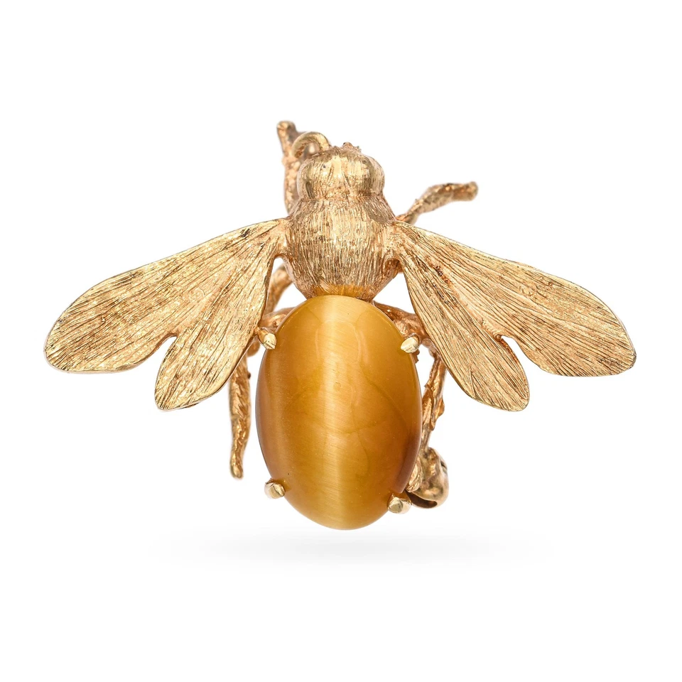 复古 14k 黄金老虎眼大黄蜂胸针 — 第 1/1 张图片