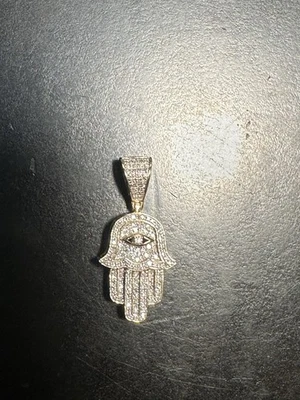 Real 10K Yellow Gold 0.36 ct Real Diamonds Hamsa Hand Evil Eye Pendant - Image 1 of 2