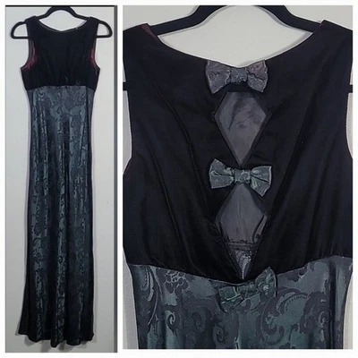 Y2K Rampage бархата атлас макси платье размер 7 зеленый бант открытый назад прихоти официальный - Изображение 1 из 4