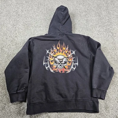 复古 Sonoma 连帽衫男式大号黑色 Y2K 骷髅火焰滑板垃圾桶破旧 — 第 1/4 张图片