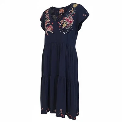 Vestido midi Johnny Was Jessica bordado floral pájaro en capas en azul marino profundo pequeño Foto 1 de 4