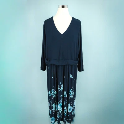 J. Jill Plus Size 2X Blue Wearever Floral Print V Neck Long Sleeve Midi Dress - Image 1 of 4