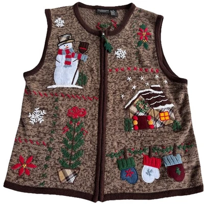 One Resource Womens 1X Christmas Embroidered Sweater Cardigan Vest Brown Holiday - Image 1 of 4