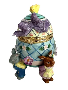 CWC Porcelain Decorative Box Easter Egg Shaped Hinged Box Rabbits Bird & Flowers - Picture 1 of 3