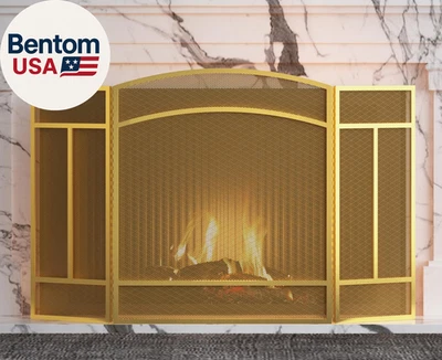 Tela de lareira 3 painéis ferro forjado 48" (L) X 29" (H) capa protetora contra faísca (dourado D - Imagem 1 de 4