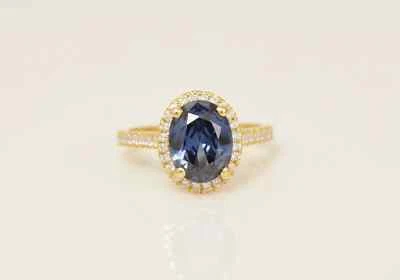 Anillo de zafiro azul de plata de ley 925 creado en laboratorio, anillo de halo, anillo de compromiso Foto 1 de 4