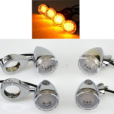 4x Chrome Front Rear LED Turn Signal Light W/41mm Fork for Sportster Dyna Harley - Image 1 of 4