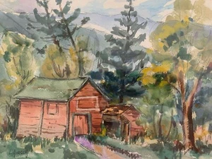 L HIRSCY Signed Watercolor-Pencil Impressionist Painting Barn & Shed & Mountains - Picture 1 of 6