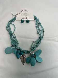 Türkis(?)Handgefertigte geflochtene Halskette und Ohrringe SET in blau - Bild 1 von 11