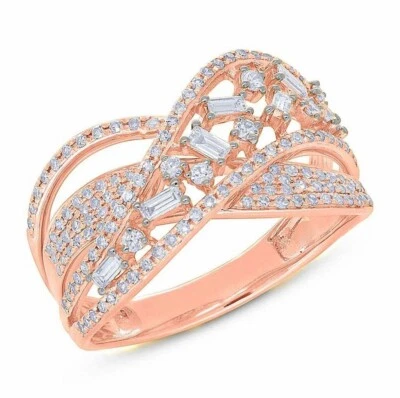 Anillo Baguette Natural Redondo Oro Rosa 14K Diamante Cruzado Puente X Foto 1 de 4